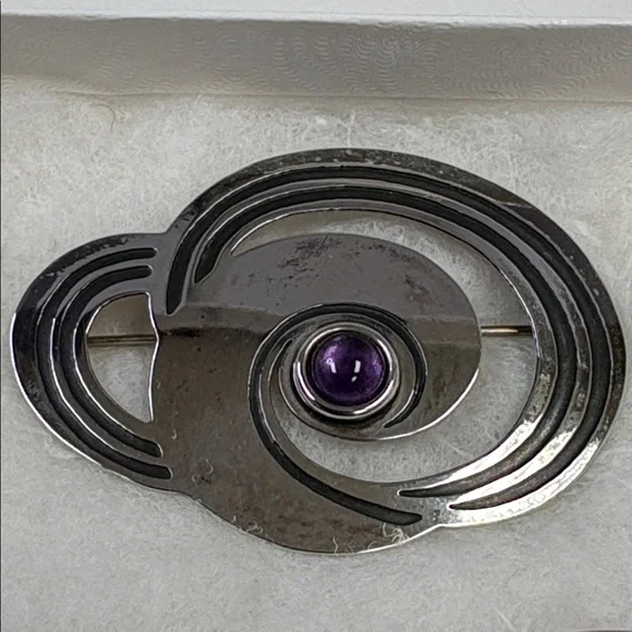 StamasAbstract Geometric Sterling Silver Cabochon Amethyst Earrings/Brooch Set